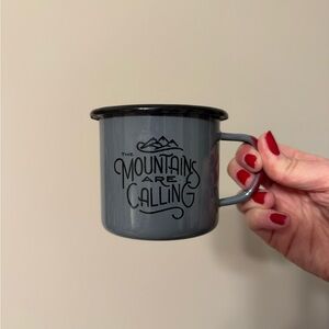 United by Blue the Mountains are Calling Enamelware Campfire Mug Gray Black Red
